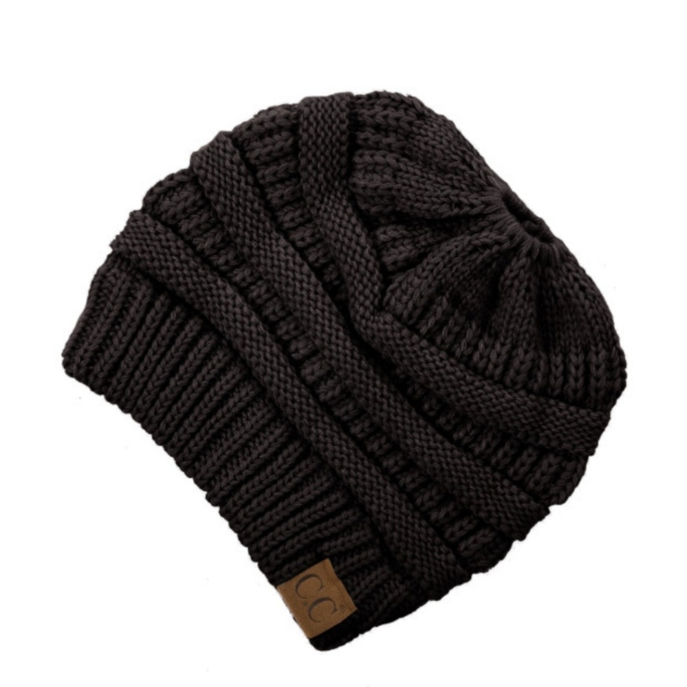 C.C. Solid Black Messy Bun Beanie/ LAST ONE